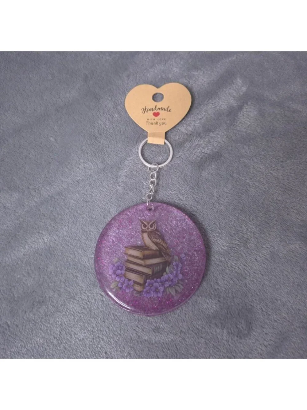 Handmade Resin Glitter Owl Keychain Books Purple Flowers 2 Diameter Unique Gift